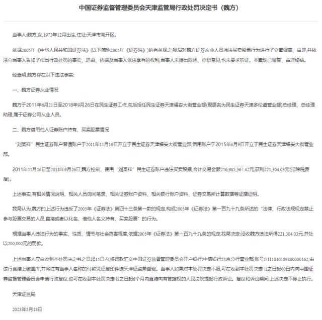 累计交易超2亿获利22万!民生证券一员工违法炒股被罚没42万